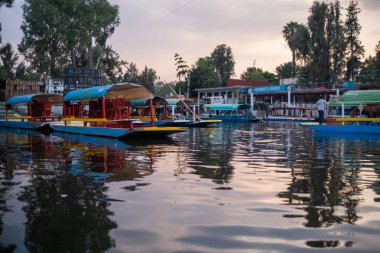 Xochimilco Gölü 'nde geleneksel renkli trajineralar güzel gökyüzünün altında