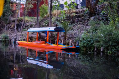 Xochimilco Gölü 'nde geleneksel turuncu trajinera.