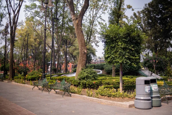 Groene metalen banken en vuilnisbakken in een rustig park in Mexico City — Stockfoto
