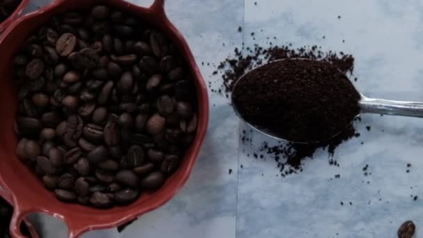 Egy kanál kávé, kávébab és ánizsmag fehér felületen. — Stock videók