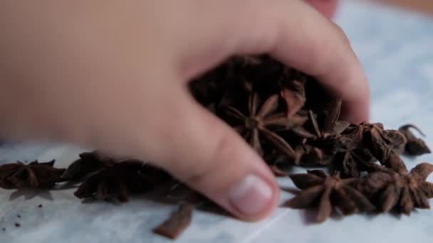 Небольшая груда семян аниса звезды на поверхности белого мрамора — стоковое видео