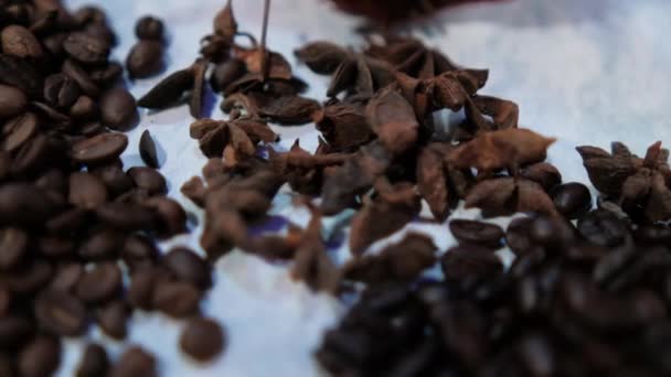 Маленькие стопки кофейных зерен и семена аниса на белой поверхности — стоковое видео