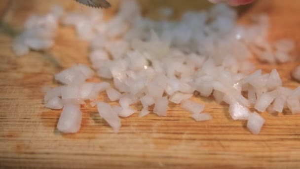 Mãos cortando cebola fresca em uma tábua de corte — Vídeo de Stock