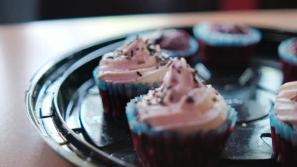Deliciosos cupcakes e muffins na bandeja de plástico preto — Vídeo de Stock