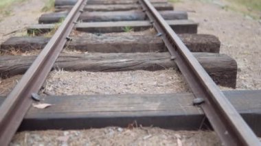 Toprak ve çimlerle çevrili eski tren rayları.