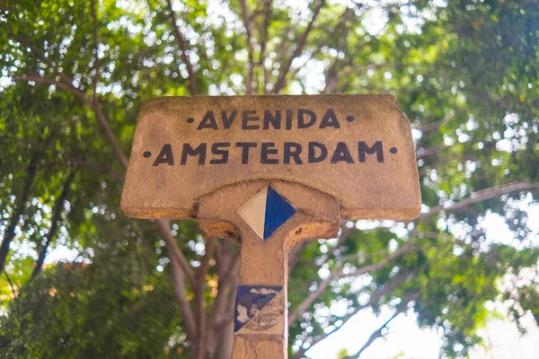 Amsterdam signo de avenida con el árbol borroso como fondo — Foto de Stock