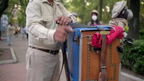 Tradycyjna meksykańska szlifierka organów w parku z Mexico City — Wideo stockowe