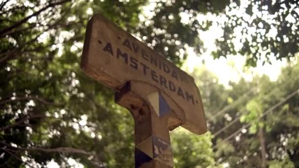 Arka planda bulanık ağaç olan Amsterdam Caddesi tabelası — Stok video