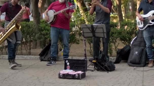 Músicos tocando alegremente instrumentos en parque desde la Ciudad de México — Vídeos de Stock