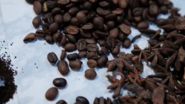 Μικροί σωροί κόκκων καφέ και σπόροι γλυκάνισου σε λευκή επιφάνεια — Αρχείο Βίντεο