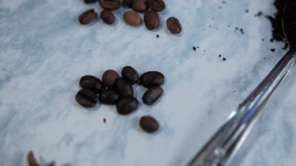 Μια κουταλιά καφέ, σπόρους γλυκάνισου και κόκκους καφέ στη λευκή επιφάνεια. — Αρχείο Βίντεο