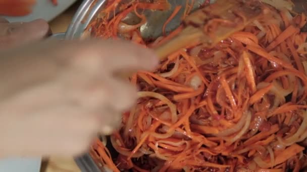 Cuchara de madera revolviendo ñame, zanahorias, tomate y rodajas de cebolla en olla — Vídeos de Stock