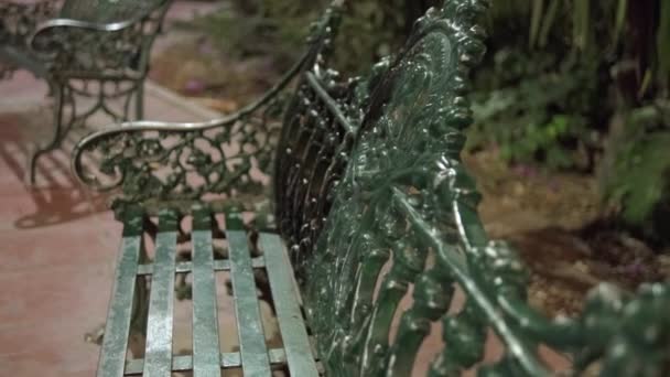 Ročně vypadající zelené kovové lavičky v parku v noci — Stock video