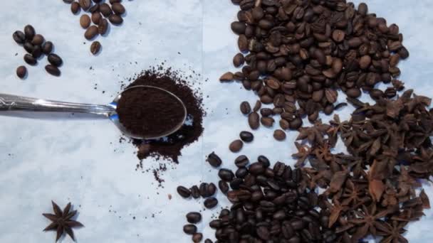 Cuillère de café entourée de piles de grains de café sur la surface blanche — Video