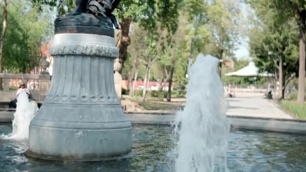 Estatua de mujer sobre fuente con árboles como fondo — Vídeo de stock