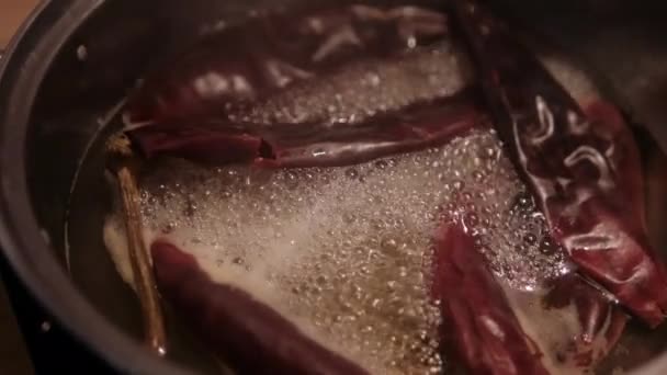Pimentos secos vermelhos fervendo em óleo dentro da panela de cozinhar — Vídeo de Stock