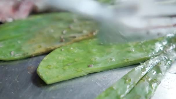 Nopales, mexikansk grön lök, hackad chorizo, och tunna biffar på en galler — Stockvideo