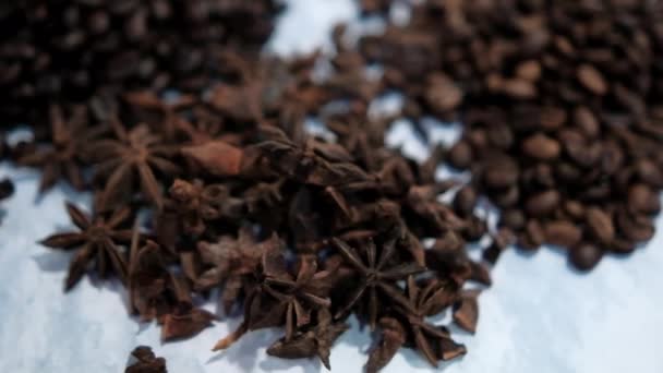 Small piles of coffee beans and star anise seeds on white surface — Stock Video