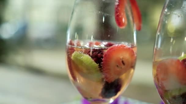 धुंधला पृष्ठभूमि के साथ वाइन ग्लास में फल टुकड़े के साथ दो पेय — स्टॉक वीडियो