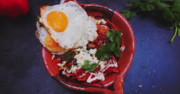 Bowl of chilaquiles with fried egg on top and above dark surface — Stock Video
