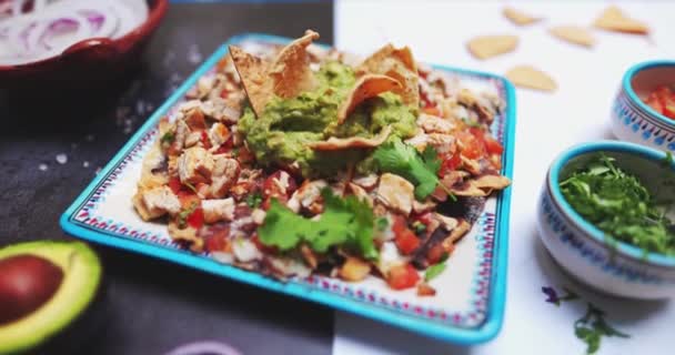 Placa de deliciosa carne picada con guacamole en superficie bicolor — Vídeos de Stock