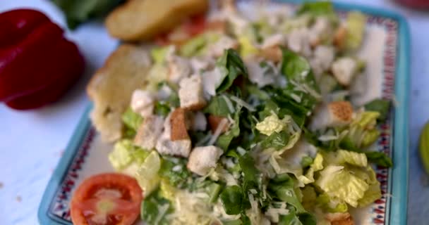 Plaat van heerlijke salade omgeven door groenten op witte ondergrond — Stockvideo