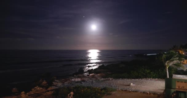 Bela vista da lua brilhante acima do oceano e da praia — Vídeo de Stock