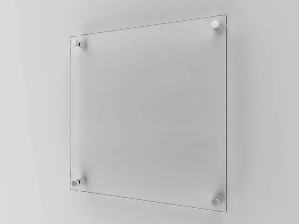 Boş kare şeffaf cam ofis şirket levhası Mock Up Şablon, Marka Yazdırma Tahtasını Temizle, Logo. Şeffaf akrilik reklam panosu yan görüntüsü. 3B görüntüleme