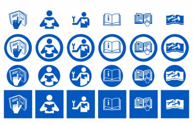 Kullanım kılavuzu işaretlerine bakın. El işaretleri açık olan dairesel mavi işaretlerin vektör çizimi. İşe başlamadan önce talimat kitapçığını oku. Güvenlik etiketleri.