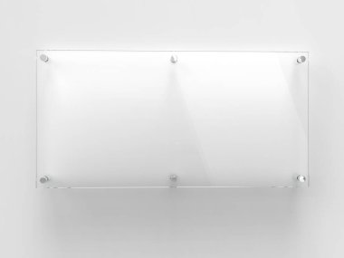 Uzaylı metal tutucularda saydam geniş cam isim plakası. Markalaşmak için temiz baskı tahtası. Beyaz arka plandaki akrilik reklam panosu ön görünüm modeli. 500 x 250 mm beden. 3B illüstrasyon