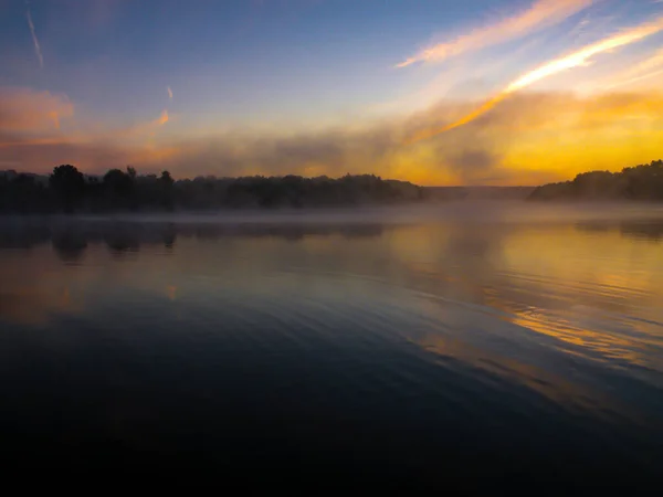 Spectacular Sunrise Positive Mood Time Birth Fog Fog Creeps River — Stock Photo, Image