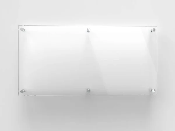 Uzaylı metal tutucularda saydam geniş cam isim plakası. Markalaşmak için temiz baskı tahtası. Beyaz arka plandaki akrilik reklam panosu ön görünüm modeli. 500 x 250 mm beden. 3B illüstrasyon
