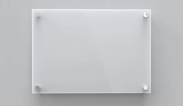 A4灰色玻璃名牌板在间隔金属托架上 清晰的品牌印制电路板 灰色背景图片上的广告牌 尺寸297X210毫米 3D插图 — 图库照片