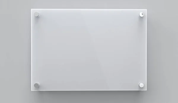 Uzaylı metal tutucularda A4 gri cam plaka. Markalaşmak için temiz baskı tahtası. Gri arka plan manzaralı Acrilik reklam panosu. Numara 297 x 210 mm. 3B illüstrasyon
