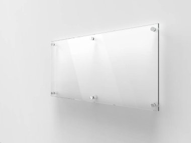 Uzaylı metal tutucularda saydam geniş cam isim plakası. Markalaşmak için temiz baskı tahtası. Beyaz arka planda akrilik reklam panosu. Yan görünüş modeli. 500 x 250 mm beden. 3B illüstrasyon