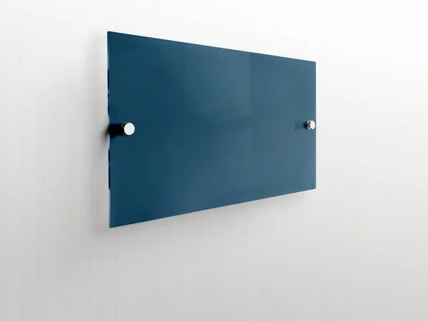 Retângulo Azul Escuro Placa Placa Identificação Vidro Transparente Suportes Metal — Fotografia de Stock