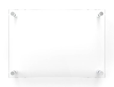 Uzaylı metal tutucularda A4 şeffaf cam plaka. Markalaşmak için temiz baskı tahtası. Acrilik reklam panosu açık beyaz arka planda. Numara 297 x 210 mm. 3B illüstrasyon