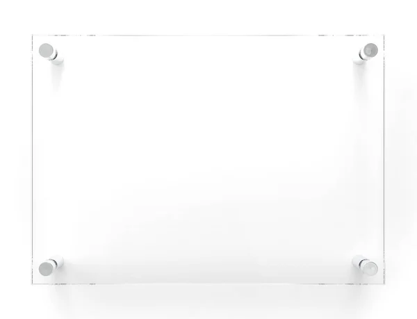 Uzaylı metal tutucularda A4 şeffaf cam plaka. Markalaşmak için temiz baskı tahtası. Acrilik reklam panosu açık beyaz arka planda. Numara 297 x 210 mm. 3B illüstrasyon