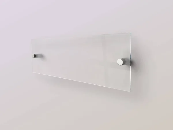 広々とした金属ホルダー上の広い透明長方形のガラス銘板 ブランディングのためのクリアプリントボード 白い背景モックアップ側のビューにアクリル広告看板 比例1から3 — ストック写真