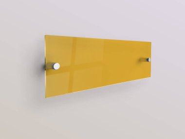 Uzaylı metal tutucularda geniş, sarı cam levha. Markalaşmak için temiz baskı tahtası. Beyaz arka plandaki Acrilic reklam panosu. Yan görünüş modeli. Orantılı 1 ile 3 arasında.
