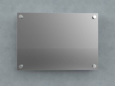 A4 cilalanmış metal plaka. Uzaylı metal tutucuların plakası. Markalaşma tahtası. Beton duvarda yansıtıcı reklam panosu. Numara 297 x 210 mm. 3B illüstrasyon