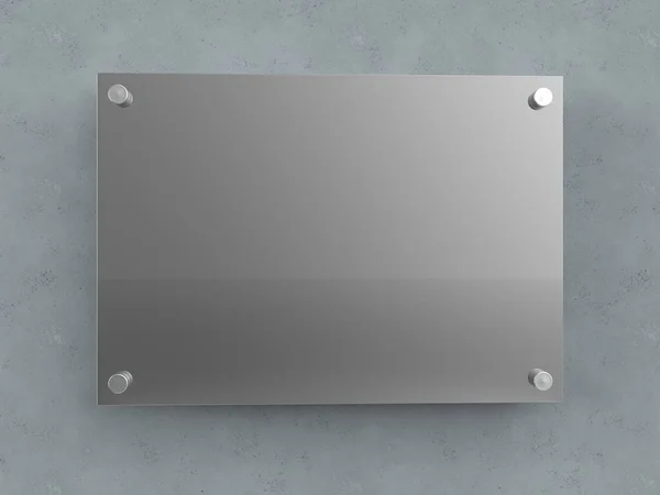 A4 cilalanmış metal plaka. Uzaylı metal tutucuların plakası. Markalaşma tahtası. Beton duvarda yansıtıcı reklam panosu. Numara 297 x 210 mm. 3B illüstrasyon