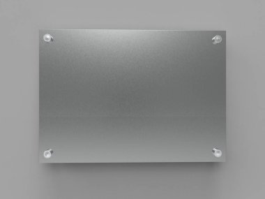 A4 katmanlı alüminyum plaka. Uzaylı metal tutucuların plakası. Markalaşma tahtası. Gri arka planda metal reklam panosu. Numara 297 x 210 mm. 3B illüstrasyon
