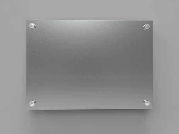A4 katmanlı alüminyum plaka. Uzaylı metal tutucuların plakası. Markalaşma tahtası. Gri arka planda metal reklam panosu. Numara 297 x 210 mm. 3B illüstrasyon