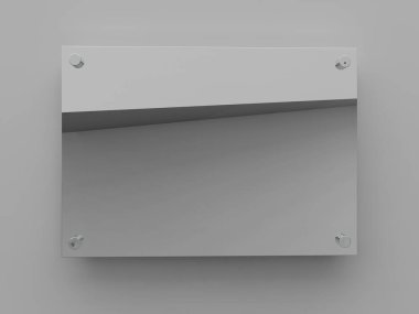 A4 parlatılmış gümüş plaka. Uzaylı metal tutucuların plakası. Markalaşma tahtası. Gri arka planda metal reklam panosu. Numara 297 x 210 mm. 3B illüstrasyon