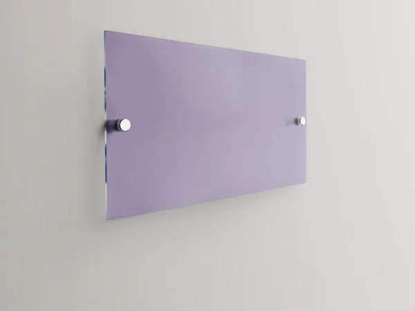 Uzaylı metal tutucularda şeffaf cam levha. Markalaşmak için temiz baskı tahtası. Beyaz arka plandaki Acrilic reklam panosu. Yan görünüş modeli. Orantılı 1 ile 2 arasında.