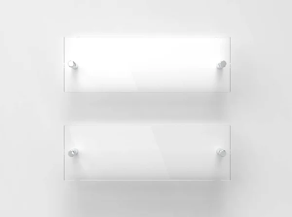 Uzaylı metal tutucularda iki şeffaf cam plaka. Markalaşmak için temiz baskı tahtaları. Beyaz arka plandaki akrilik reklam panolarının ön görüntüsü. 300x100 mm boyutu 3 / 1. 3B illüstrasyon