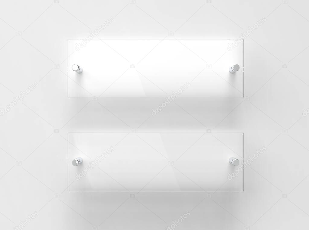 Two transparent glass nameplate plates on spacer metal holders. Clear printing boards for branding. Acrylic advertising signboards on white background mock-up front view. Size 300 x 100 mm proportion 3 to 1. 3D illustration