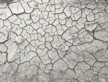 Doku gri kurumuş toprak. Kalıplar ve dokular toprağı çatlattı. Zemin, kuraklık ve ölüm kavramına sahip arka plan veya grafik tasarımı için üst görünümde çatlaklar var..