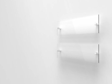 Uzaylı metal tutucularda iki şeffaf cam plaka. Markalaşmak için temiz baskı tahtaları. Beyaz arka plandaki akrilik reklam panolarının yan görüntüsü. 300x100 mm boyutu 3 / 1. 3B illüstrasyon